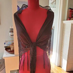 Sheer Black Evening Shawl with Tassels and Beading